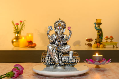 999 Silver Antique Ganesha Idol with Lotus, Axe, Modak, and Blessing Mudra on Matte Finish