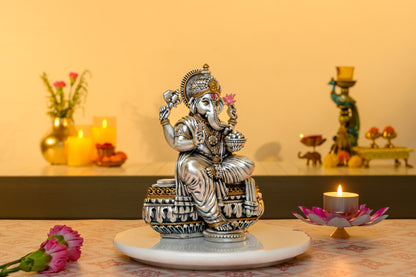 Antique Ganesha Idol in 999 Silver Plating | Lotus, Axe & Modak with Blessing Mudra | Vastu & Heritage Decor