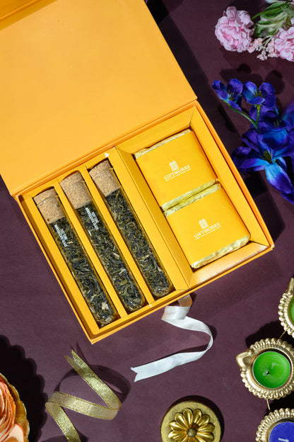 Premium Ribbon Box with Florentine, Kashmiri Kahva, Jasmine Green Tea & Rose Hibiscus for Gifting & Festivals