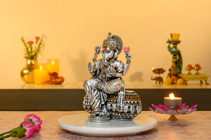 Antique Ganesha Idol in 999 Silver Plating | Lotus, Axe & Modak with Blessing Mudra | Vastu & Heritage Decor