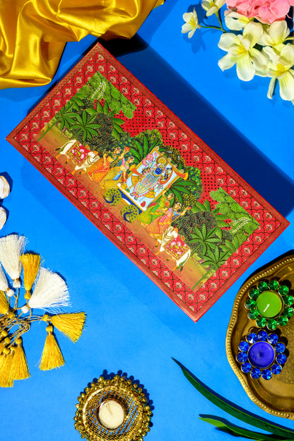 Designer Pichwai Themed Box with Kamdhenu Cow, Kesar, Misri & Flavored Delights for Spiritual Gifting