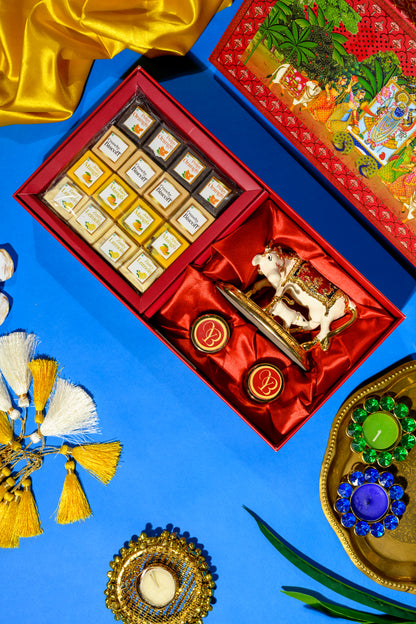 Designer Pichwai Themed Box with Kamdhenu Cow, Kesar, Misri & Flavored Delights for Spiritual Gifting