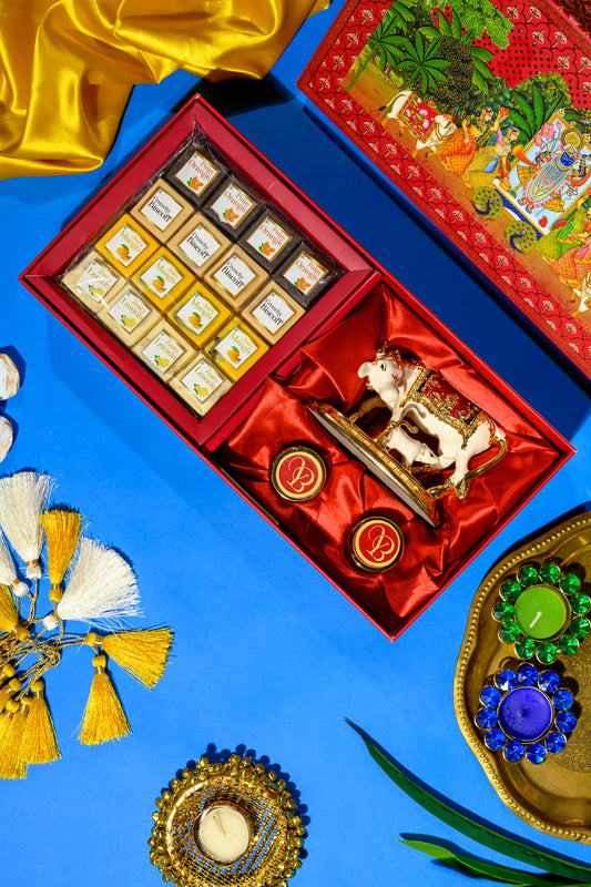 Designer Pichwai Themed Box with Kamdhenu Cow, Kesar, Misri & Flavored Delights for Spiritual Gifting