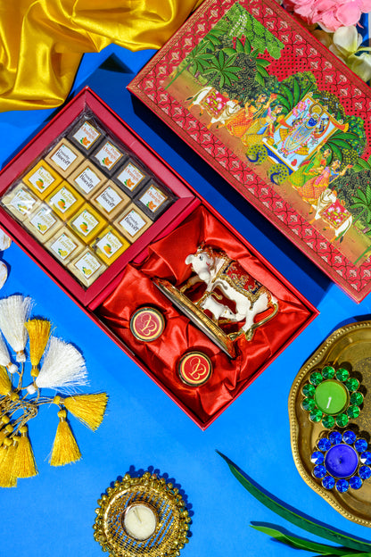 Designer Pichwai Themed Box with Kamdhenu Cow, Kesar, Misri & Flavored Delights for Spiritual Gifting