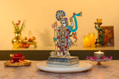 24K Gold & 999 Silver Plated Shrinathji Idol in Govardhan Pose with Floral & Peacock Detailing