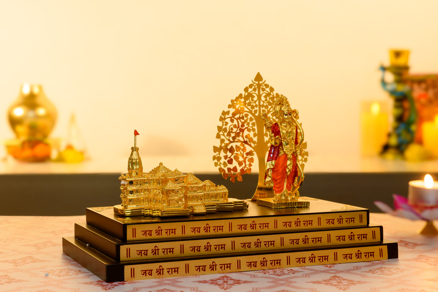 Ayodhya Ram Mandir with Shri Ram Idol | 24K Gold Plated Set with Kalpavriksha Backdrop | Jai Shri Ram Altar Decor