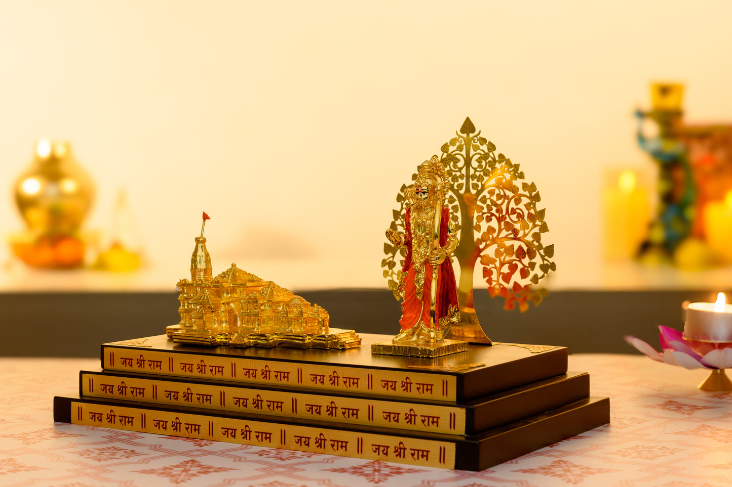 Ayodhya Ram Mandir with Shri Ram Idol | 24K Gold Plated Set with Kalpavriksha Backdrop | Jai Shri Ram Altar Decor