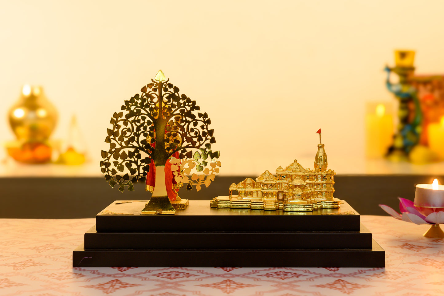 Ayodhya Ram Mandir with Shri Ram Idol | 24K Gold Plated Set with Kalpavriksha Backdrop | Jai Shri Ram Altar Decor