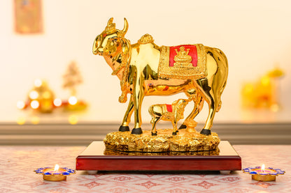 Kamdhenu Cow with Calf in 24K Gold Plating | Lakshmi Relief & Glossy Base for Pooja & Vastu Decor