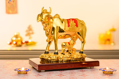 Kamdhenu Cow with Calf in 24K Gold Plating | Lakshmi Relief & Glossy Base for Pooja & Vastu Decor