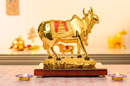 Kamdhenu Cow with Calf in 24K Gold Plating | Lakshmi Relief & Glossy Base for Pooja & Vastu Decor