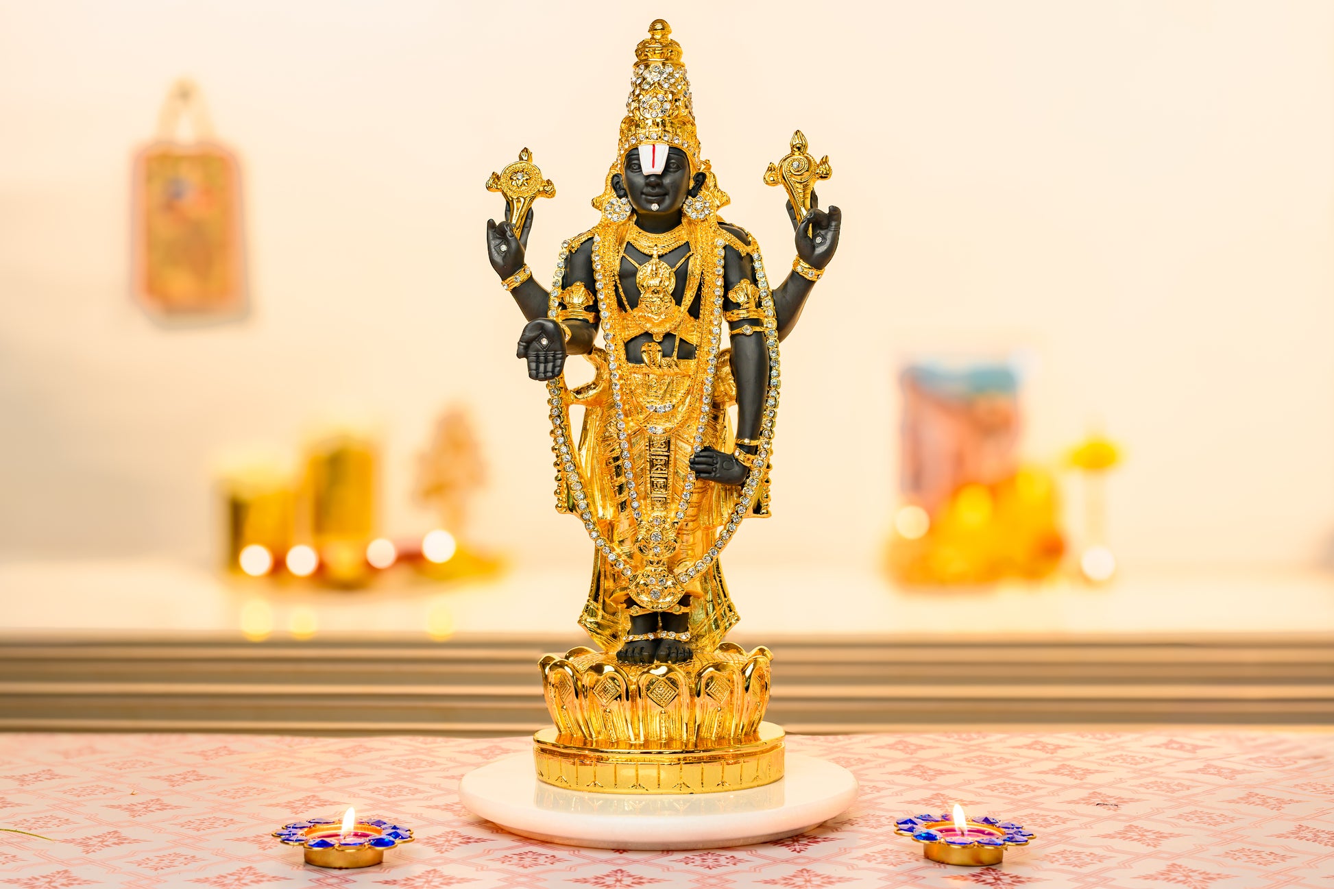 24K Gold and 999 Silver Plated Lord Balaji Idol on Lotus Pedestal with Matte Finish