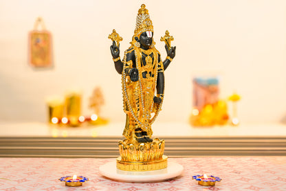 Lord Balaji Idol on Lotus Pedestal | 24K Gold & 999 Silver Matte Finish | Tirupati Venkateswara Decor