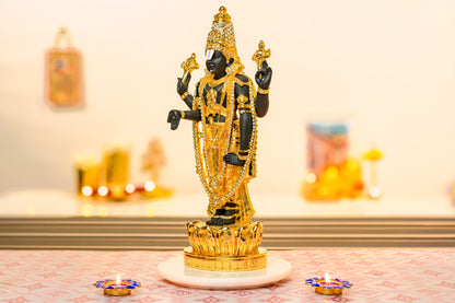 Lord Balaji Idol on Lotus Pedestal | 24K Gold & 999 Silver Matte Finish | Tirupati Venkateswara Decor