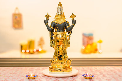 Lord Balaji Idol on Lotus Pedestal | 24K Gold & 999 Silver Matte Finish | Tirupati Venkateswara Decor