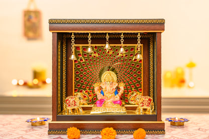 24K Gold Ganesha Idol with Temple Arch, Pink and Blue Elephants on Stepped Base