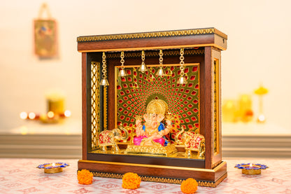 24K Gold Ganesha Idol under Temple Arch | Dual Elephant Decor for Vastu & Festive Gifting