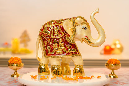 24K Gold Meenakari Elephant Figurine | Hand-Enameled Royal Decor with Mythological Carvings