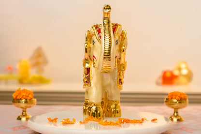 24K Gold Meenakari Elephant Figurine | Hand-Enameled Royal Decor with Mythological Carvings