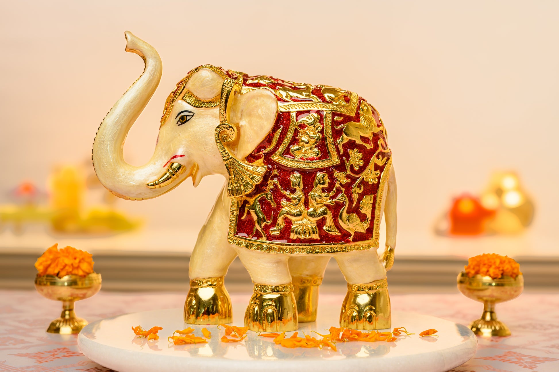 24K Gold Plated Meenakari Royal Elephant Figurine with Red Enamel and Mythological Carvings