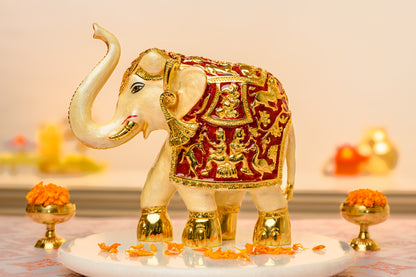 24K Gold Plated Meenakari Royal Elephant Figurine with Red Enamel and Mythological Carvings