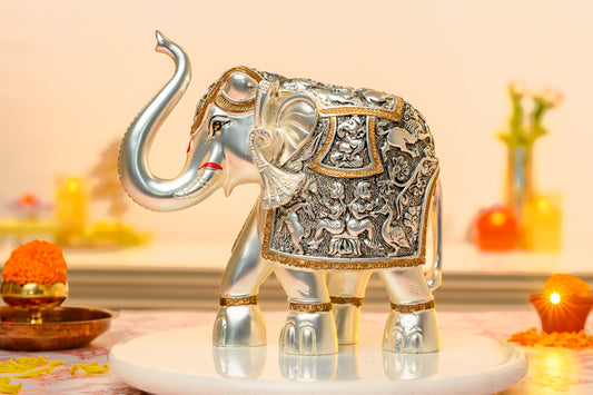 999 Silver Antique Elephant Idol with Matte Finish, Mythological Carvings, and Gold Accents