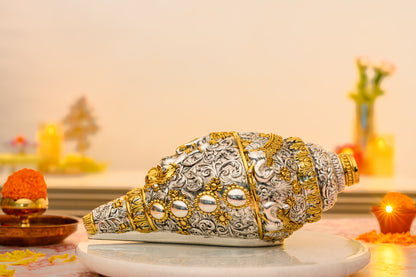 Ganesh Shankh with 24K Gold & 999 Silver Finish Featuring Embossed Ganesha and Floral Carvings