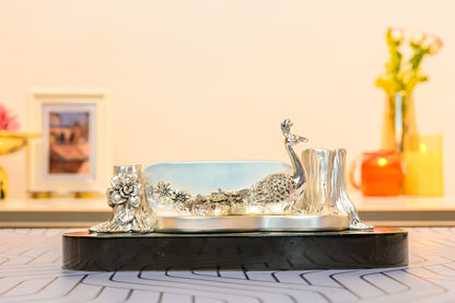 999 Silver Peacock Visiting Card and Pen Holder with Floral Tree Design on Wooden Base
