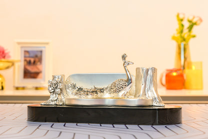 Peacock Pen & Card Holder in 999 Silver | Forest-Themed Desktop Organizer for Office & Gifting