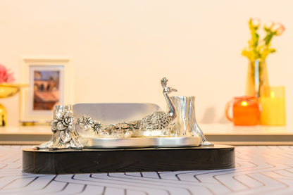 Peacock Pen & Card Holder in 999 Silver | Forest-Themed Desktop Organizer for Office & Gifting