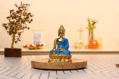 24K Gold Plated Blue Robe Buddha Idol in Meditation Pose on Lotus Base