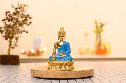Blue Robe Buddha Idol in Dhyana Mudra | 24K Gold Plated Lotus Base | Meditation Decor & Desk Gift