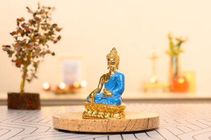 Blue Robe Buddha Idol in Dhyana Mudra | 24K Gold Plated Lotus Base | Meditation Decor & Desk Gift