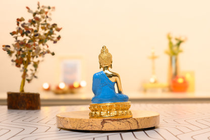 Blue Robe Buddha Idol in Dhyana Mudra | 24K Gold Plated Lotus Base | Meditation Decor & Desk Gift