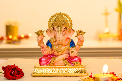24K Gold Ganesh Idol with Modak and Multicolor Finish on Singhasan Throne – Dagdusheth Inspired