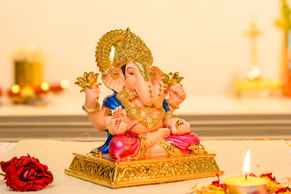 Dagdusheth-Inspired Ganesh Idol with Modak | 24K Gold Plated | Temple Style Singhasan for Pooja & Gifting