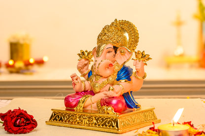 Dagdusheth-Inspired Ganesh Idol with Modak | 24K Gold Plated | Temple Style Singhasan for Pooja & Gifting