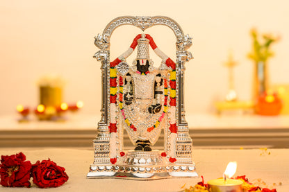 999 Silver Tirupati Balaji Idol with South Indian Temple Arch and Jeweled Details