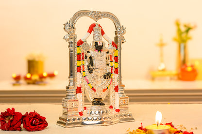 Tirupati Balaji Idol with Temple Arch | 999 Silver Plated Venkateshwara Murti | South Indian Pooja Decor