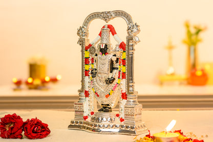 Tirupati Balaji Idol with Temple Arch | 999 Silver Plated Venkateshwara Murti | South Indian Pooja Decor