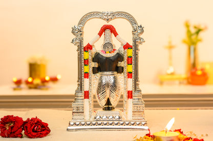 Tirupati Balaji Idol with Temple Arch | 999 Silver Plated Venkateshwara Murti | South Indian Pooja Decor