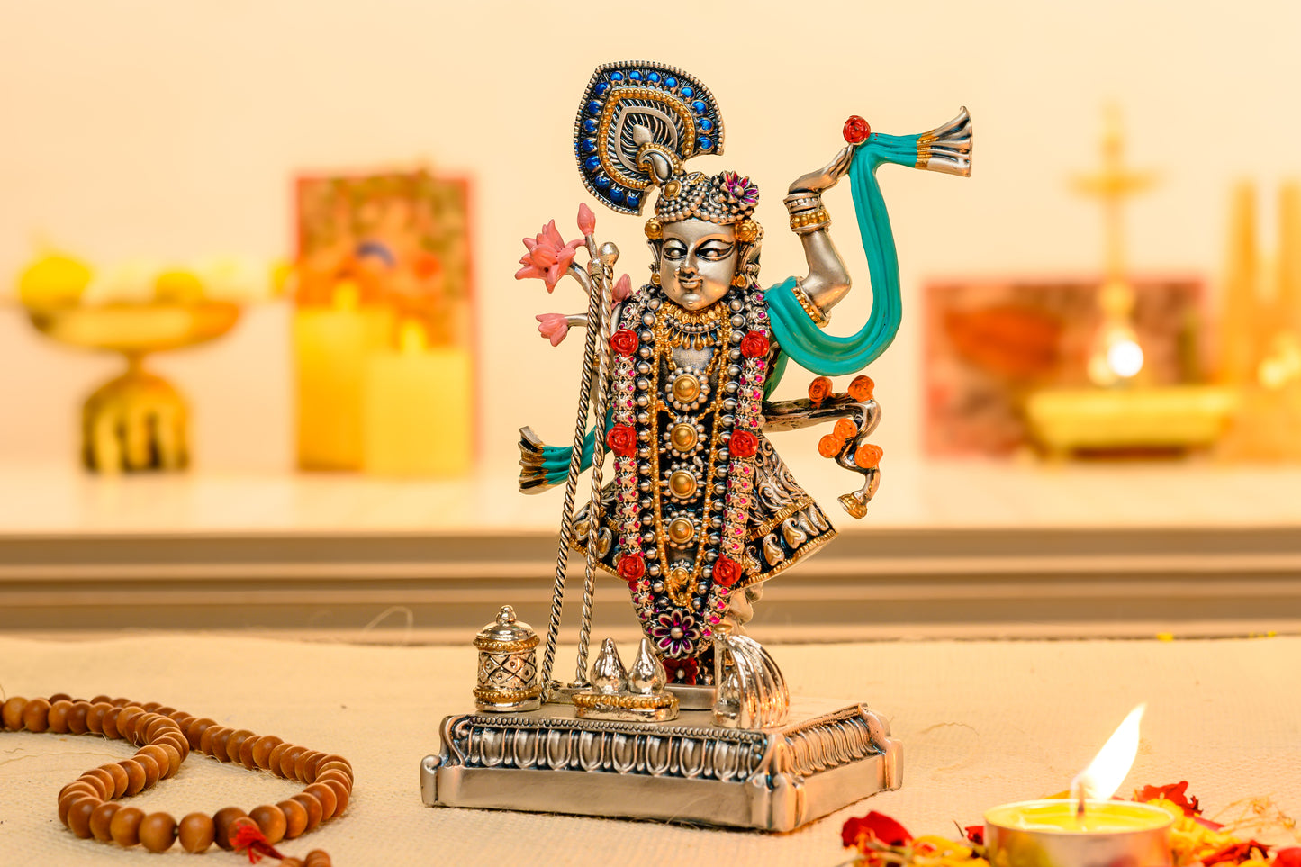 999 Silver Shrinathji Idol with Mor Mukut | Nathdwara Krishna Form for Pooja & Temple Decor