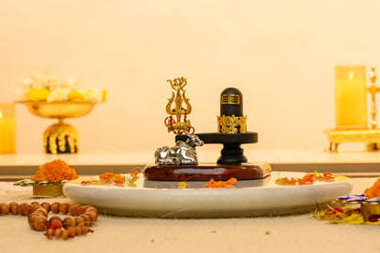 Shivling with Nandi & Trishul Idol | Matte Black Mahadev Set with Gold Detailing | Sacred Pooja & Meditation Decor