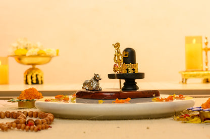 Shivling with Nandi & Trishul Idol | Matte Black Mahadev Set with Gold Detailing | Sacred Pooja & Meditation Decor