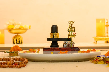Shivling with Nandi & Trishul Idol | Matte Black Mahadev Set with Gold Detailing | Sacred Pooja & Meditation Decor