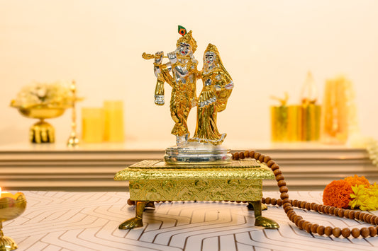 Radha Krishna Idol in 24K Gold and Silver with Flute and Divine Detailing – Eternal Love Figurine
