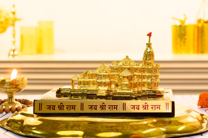 24K Gold Plated Ayodhya Ram Mandir Replica with Jai Shri Ram Engraved Base and Red Temple Flag