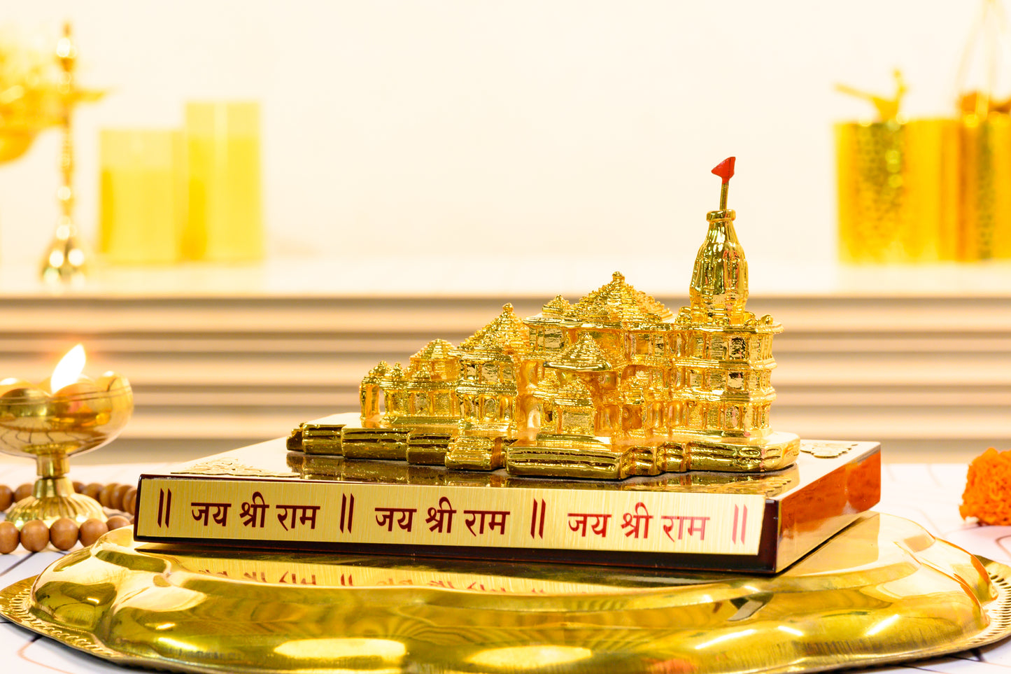 Ayodhya Ram Mandir Replica in 24K Gold | Miniature Temple Model with Jai Shri Ram Base