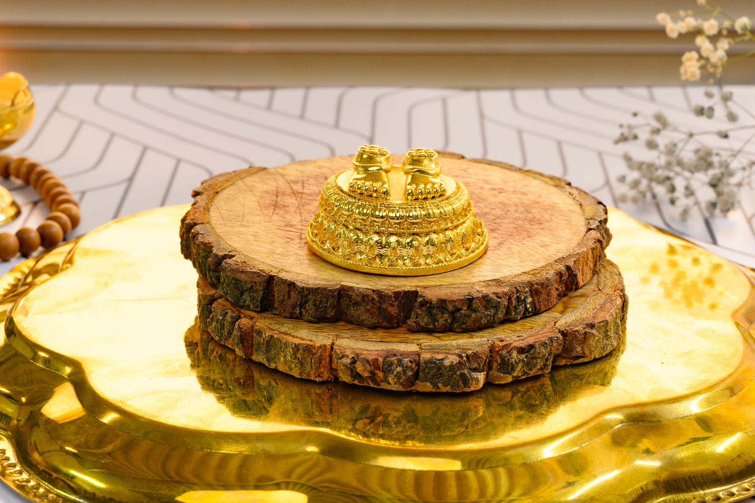 24K Gold Charan Paduka Idol with Floral Engraved Temple Base – Lakshmi Footprints