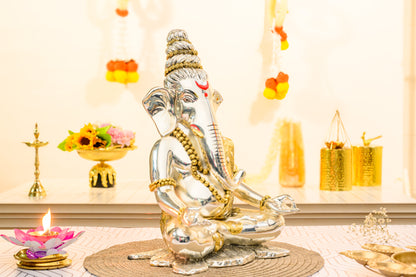 Rudraksh Ganesha Idol | Shiv Ganesh in Meditative Pose | 999 Silver with Gold Accents | Yogic Vastu Decor